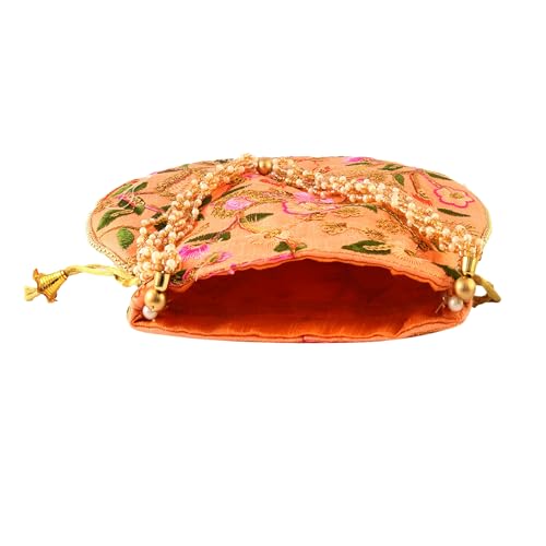 Image of Handcrafted Potli Purse with Golden Floral Embroidery and Pearl Accents