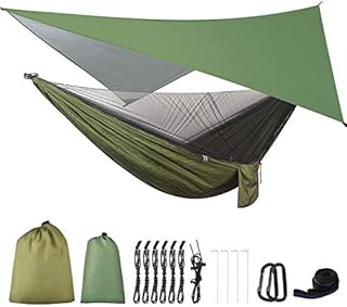 FIRINER Camping Hammock with Rain Fly Tarp and Mosquito Net Tent Tree Straps, Portable Single Double Nylon Parachute Hammock Rainfly Set for Backpacking Hiking Travel Yard Outdoor Activities