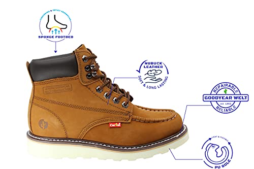 CACTUS Men's 6" Nubuck Leather Moc-Toe Work Boots with Padded Collar and Sponge Footbed - Comfortable, Lightweight, Goodyear Welt Construction, Flexible and Durable PU Sole - Model 3611M2
