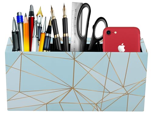 Image of AccuPrints Sumiko Paper Board Pen Holder Stand, Desktop Pen Organizer,3 Compartment Pen and Pencil Holder, Desktop Organizer for Store Marker, Office Supplies, Makeup Organizer (Blue Line Pattern)