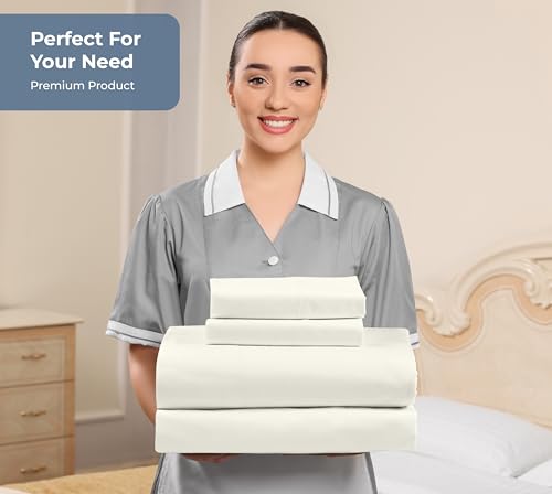 Image of ROYALE LINENS 100% Organic Cotton King Sheet Set - Percale Weave - 4 Pieces Set - 1 Flat, 1 Deep Pocket Fitted Sheet and 2 Pillowcases - Ivory Bed Sheets - Sabanas King - Crisp Cool (Ivory)