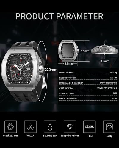 Image of Tsar Bomba Mens Watches Quartz Wristwatch for Men Waterproof 50M Analog Luxury Tonneau Chronograph Calendar Date Men's Dress Business Work Watch Gift for Men
