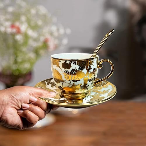 Image of DMRD-Elegant Ceramic Tea 18 Piece Set |Gold-Plated Cups with Saucers Spoons | Luxury Floral Designer Gift |Home & Party Tea Set with Kettle | Ceramic Pot Floral Aesthetic | Crockery (Gold)