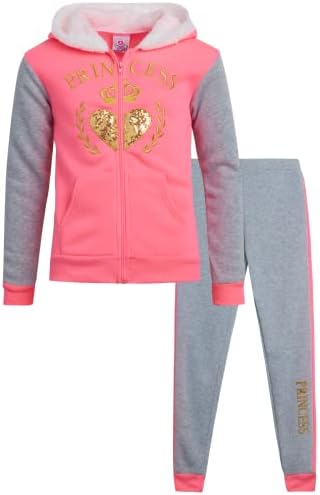 Real Love Girls' Jogger Set - 2 Piece Fleece Sherpa Hood Sweatshirt and Sweatpants (7-16), Size 7-8, Pink/Grey Princess