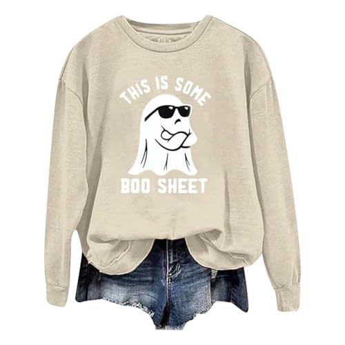 Sudadera con capucha para mujer, diseño de Halloween, manga larga, cuello redondo, suéter largo para mujer, beige, XX-Large