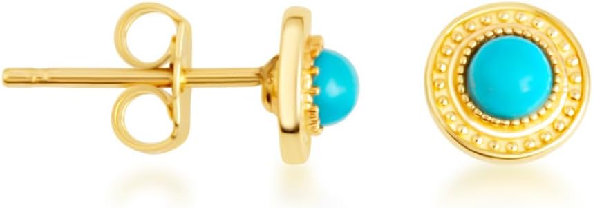 Gold Turquoise Gemstone Milgrain Stud Earrings for Women | 10K or 14K Yellow Gold
