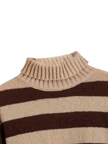 Image of WDIRARA Women's Striped Pattern Turtleneck Long Lantern Bishop Sleeve Stretchy Knitted Sweater