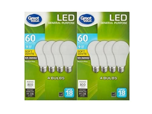 Great Value LED Light Bulb 9Watts 60Watts Equivalent Soft White Pack of Two, 4 Bulbs in each pack Great Value LED Light Bulb 9Watts 60Watts Equivalent Soft White Pack of Two, 4 Bulbs in each pack