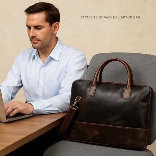 Image of MaheTri Modernist Genuine Leather Laptop Bag (Up to - 15.6 inch) for Men & Women | Unisex Lightweight Leather Briefcase with Adjustable Strap | Multiple card Slots With Zipper Pockets