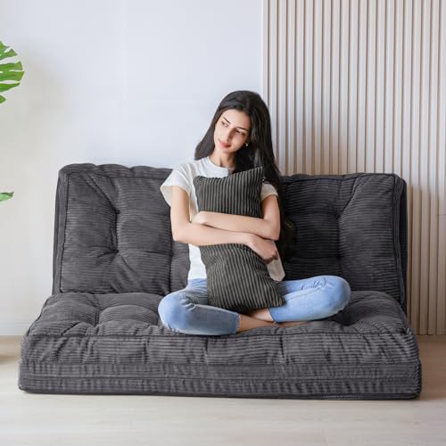 Image of MAXYOYO Folding Sofa Bed, Tufted Bean Bag Bed with Pillows Floor Couch for Adults, Extra Thick and Long Floor Sofa, Twin Couch Bed for Bedroom Living Room, Dark Grey, 39x91 Inch