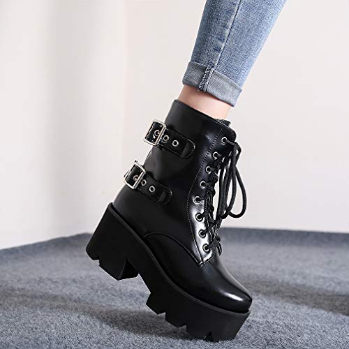 Image of Parisuit Womens Goth Patent Ankle Boots Platform Chunky Combat Boots | Lace Up, Gothic Boots, High Heel, Punk Short Booties, Buckle Boots, Chain Boots