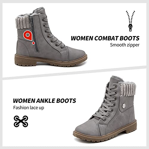 Waluzs Women's White & Black Ankle Combat Boots - Fuzzy Lace Up Snow Boots For Winter2