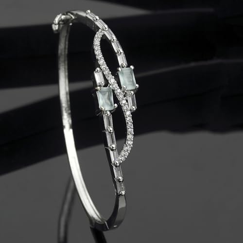 Image of ZENEME Rhodium-Plated American Diamond Studded Flower Patterned Kada Bracelet For Girls and Women