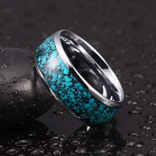 (8mm) Unisex or Men's Tungsten Carbide Wedding Ring Band. Domed Silver Tone Ring with Blue Turquoise Granules Inlay. One Year Warranty Included.2