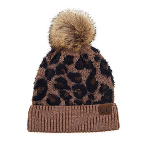 Image of C.C Exclusives Soft Beanie hat with Leopard Pattern and Fur Pom(HAT-7001)(SF-7001)