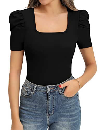 MANGOPOP Puff Sleeve Tops Square Neck Short Sleeve Long Sleeve Bodysuit for Women Elegant T Shirt - Image 3