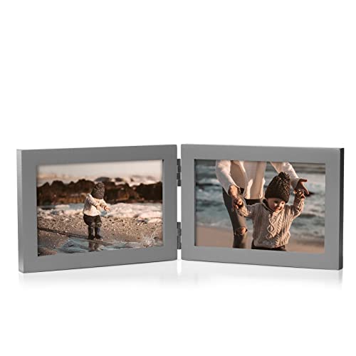 Tamolus 4x6 Double Horizontal Hinged Picture Frame Folding Photo Frame in Gray Pine Wood with Real Glass for Tabletop P-HUI-2H46