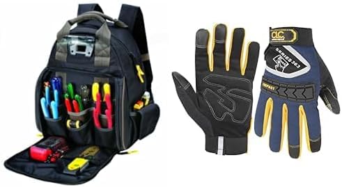 CLC Custom Leathercraft 53-Pocket Lighted Tool Backpack L255 with Impact Work Gloves L - Black Tool Storage and Hand Protection Bundle