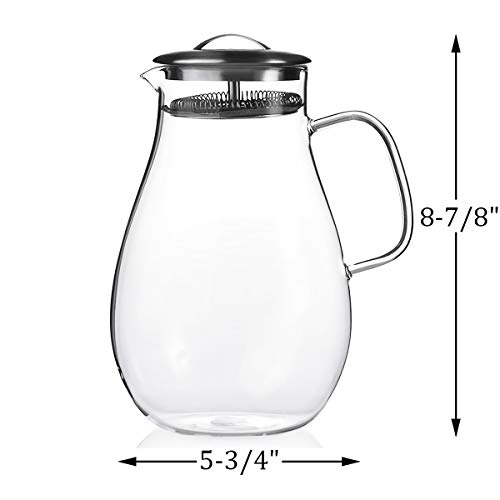 Kingrol Carafe Glass Jug 64 oz, Iced Tea Pitcher with Lid & Spout Filter, Cold & Hot Water Decanter for Juice, Drinks, & Beverages, Dishwasher Safe