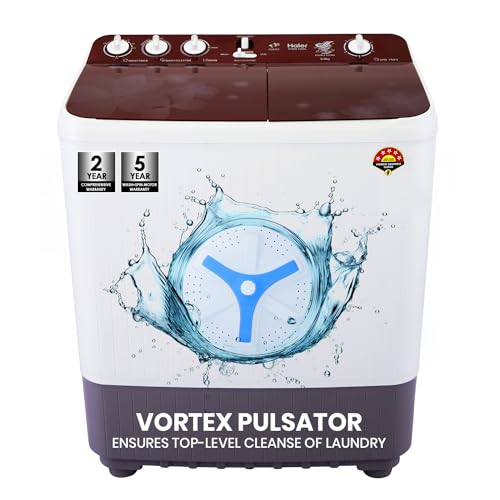 Image of Haier 8 Kg 5 Star Toughened Gas Softfall Technology Semi Automatic Top Loading Washing Machine (HTW80-1169FL, Anti Bacterial Vortex Pulsator, Magic Filter, Rat Mesh, Maroon, White)