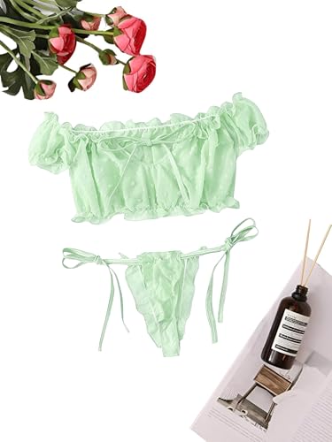 Image of Lilosy Sexy Stretch Ruffle Tie Sheer Mesh Lingerie Set Outfits