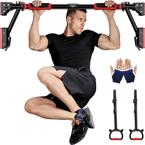 DMG Heavy Duty Pull Up Bar for Doorway - Width Adjustable Chin Up Station No Screw Installation & Damage-Free Secure Upper Body Workout Bar for Home Gym Includes Level