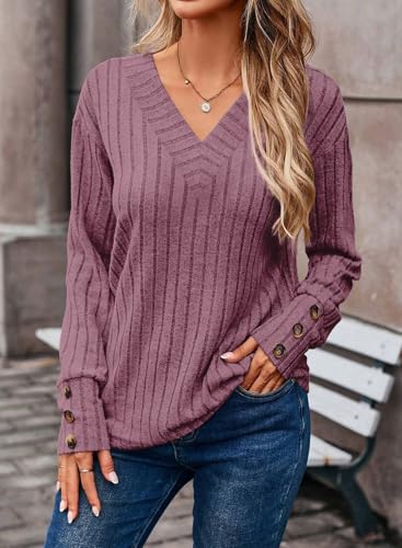 Image of Dokotoo Womens Tops V Neck Lightweight Sweater Fall Long Sleeve Top 2026 | Decorative Buttons, Soft Breathable Knit Material, Pullover Tunic Tops, Business Casual, Fall Outfits, Winter Clothing 2026