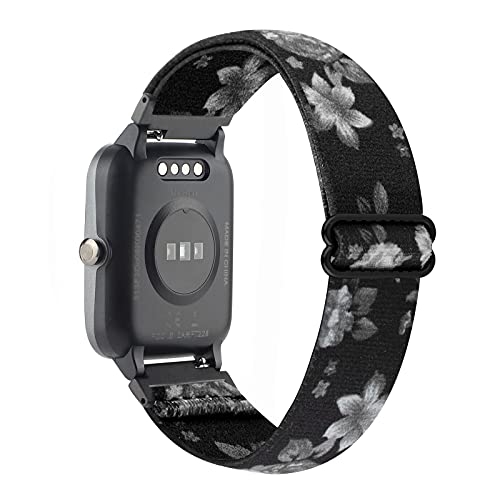 WONMILLE Adjustable Smartwatch Replacement Straps for SW021 ID205L/SW025 ID205S Sport Watch, Soft Nylon Stretchy Elastics Sport Wristband 19mm Bands Accessory (Black Gray Flower)