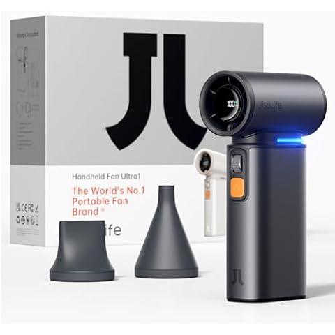 JISULIFE Portable Handheld Turbo Fan, 100 Speeds Adjustable Mini Personal Fan, 9000mAh USB Rechargeable Fan Battery Operated, LED Display, Metal Shell with Accessories Gifts for Men Women Travel- Grey Cover