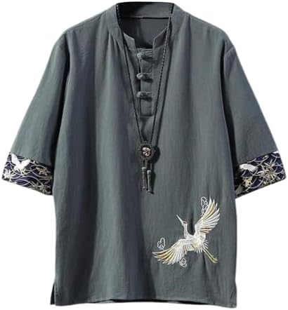 （17:30時点） [foveitaa] メンズ 夏服 シャツ Tシャツ リネン シャツ 半袖 綿麻 和風 和柄 刺繍 七分袖 五分袖 大きい サイズ カジュアル ゆったり おしゃれ 無地 Vネック ファッション カットソー 吸汗速乾 トップス gray M