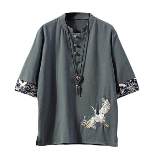 [foveitaa] メンズ 夏服 シャツ Tシャツ リネン シャツ 半袖 綿麻 和風 和柄 刺繍 七分袖 五分袖 大きい サイズ カジュアル ゆったり おしゃれ 無地 Vネック ファッション カットソー 吸汗速乾 トップス gray L