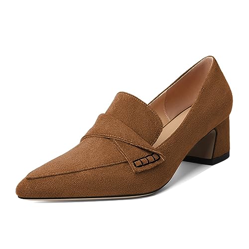 Esvowido Women's Loafer Pumps Mid Block Heels Closed Pointed Toe Slip on Comfortable Chunky Heel Pumps Dress Shoes for Daily Life Work Office 2 Inch