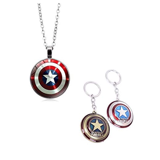 YouU 2 Pièces Collier et Porte-clés avec Pendentif en Forme de Bouclier étoilé de Captain America de Marvel Super-héros de Avengers Avec Pochette