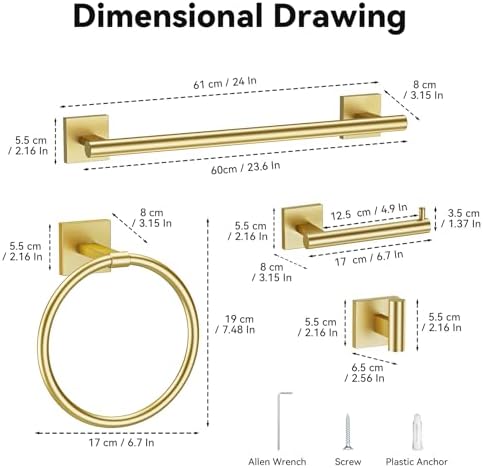 RchDhony 5-Piece Brushed Gold Towel Bar Set, SUS304 Stainless Steel Bathroom Hardware Set with Towel Bar, Toilet Paper Holder, Towel Ring & Robe Hook Wall Mounted — view 6