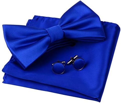 GUSLESON Mens Pure Color Pre-tied Blue Bow Tie Pocket Square and Cufflink Set (0570-08)