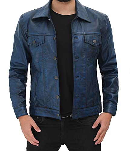 Experience Classic Style And Unmatched Comfort With Our Premium Lambskin Leather Trucker Jacket For Men | [1107333] Frnando Blue Wax, M #TOP1