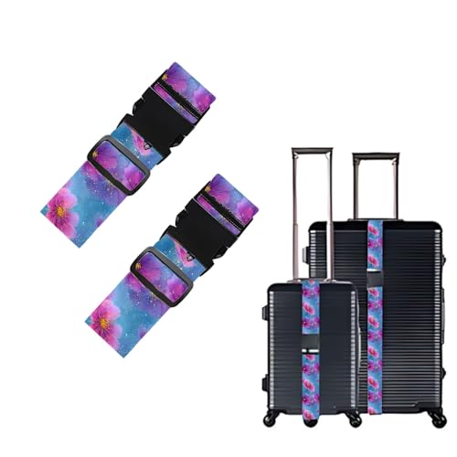 Image of 2 Pack Luggage Straps for Suitcases, Adjustable Travel Belt with Buckle, 2 inch Wide Heavy Duty Suitcase Straps for Summer Vacation, Dreamy Galaxy Floral Pattern, Travel Essentials, Purple /Multi