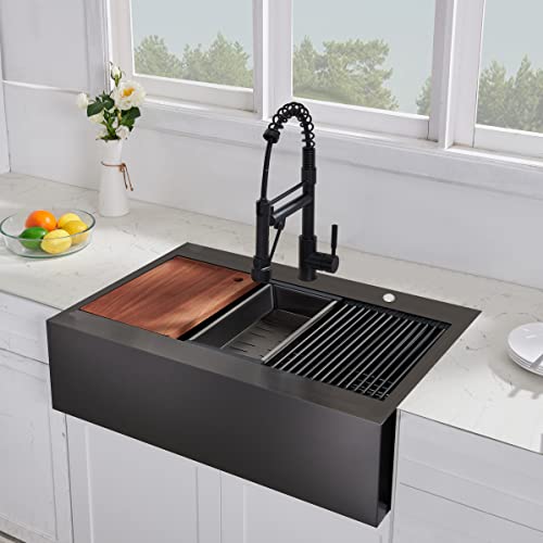 Image of 33x22 Inch Black Drop In Farmhouse Sink, 33 Inch Gunmetal Black Top Mount Farmhouse Kitchen Single Bowl Topmount Apron Front Farm Workstation Stainless Steel Sink