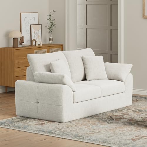 Image of 75.6 inch Boneless Loveseat Sofa, Polyester Fabric 2-Seater Couch with 4 Pillows, No Assembly Required, Soft High Density Foam Cushion, Rectangular Track Arm Sofa for Living Room Bedroom Apartment (Beige)