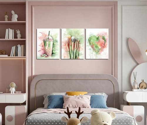 Image of Frimeeme Basketball Canvas Wall Art, 4pcs 8x10in Unframed | Boba Tea, Makeup Brushes and Heart, Teen Girls Bedroom Decor