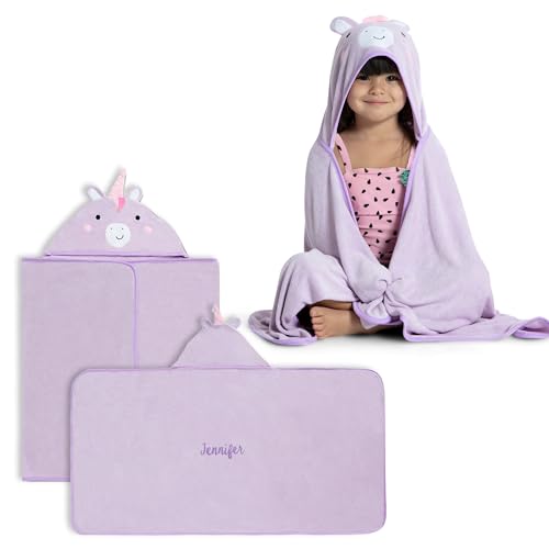 Image of Delta Children Personalized Kids Hooded Bath Towel with Pockets - Super Soft and Absorbent- Great Gift for Boys and Girls, Light Purple Unicorn