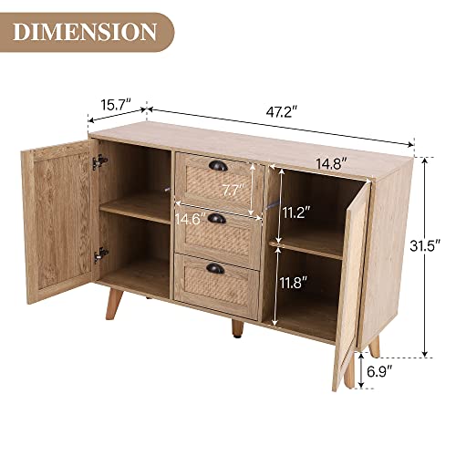 PHI VILLA Rattan Cabinet - Sideboard Buffet Accent Cabinet with Doors and Drawers, Rattan Console Table
