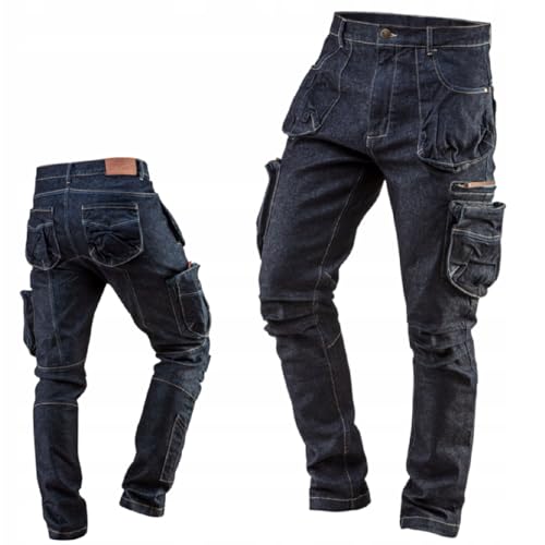NEO TOOLS Herren Arbeitshose Denim, lang, 8 Pockets, Gr. XS-3XL, verstärkte Nähte, ausprofilierter Kniebereich, Mischgewebe 98% Baumwolle, 2% Elasthan 410 g/m2, Multifunktionstaschen, Cargo-Optik