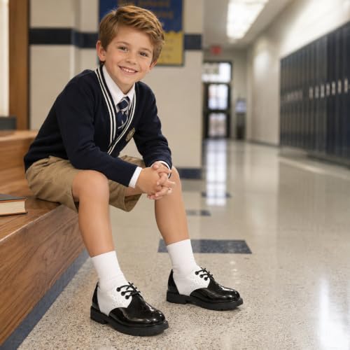 Image of KIDSUN Toddler Dress Shoes Boys Girls Oxford Shoes Kids Wedding Church Dress Shoes PU Leather Lace Up School Uniform Loafer Flats(Toddler /Kids)