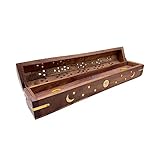 Sun, Moon, and Stars Brass Inlay Design - Wooden Coffin Incense Burner for Incense Sticks and Cones,...