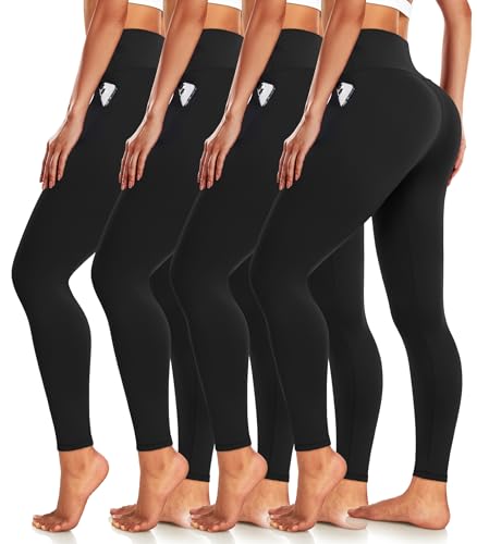 4 Pack Leggings with Pockets for Women S-M High Waisted Tummy Control Butt Lifting Soft Workout Slimming Black No See-Thru Yoga Pants Workout Running Gym Athletic 7/8 Full Length Tights