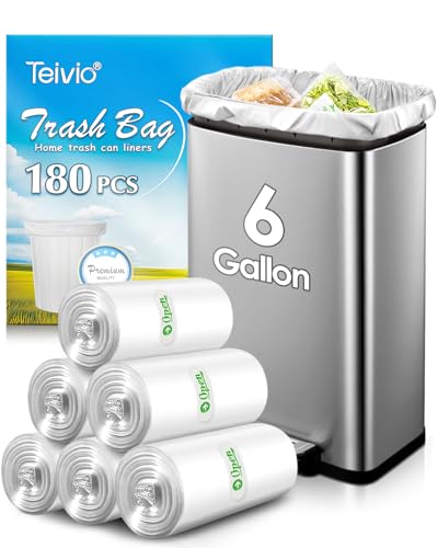 Teivio 6 Gallon 180 Counts Strong Garbage Bags Trash Bags Bathroom Trash Can Bin Liners Plastic Bags for home office kitchen Clear