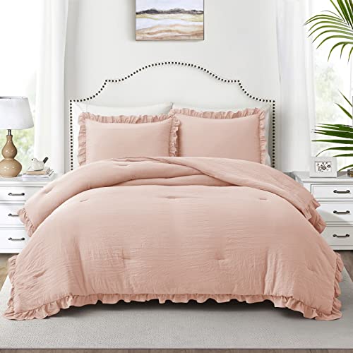 Bonlino Bed Bedding Comforter Set Queen - 3 Pieces Farmhouse Comforter Ruffle Boho Bed Comforter, Fluffy Soft Lightweight Bedding Chic Rustic Country Style For Home Bedroom Dorm (Queen, Blush Pink) #TOP1