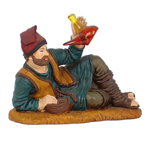 Tradineur - Figura de pastor con porrón y berretina para belén navideño 8,5 x 11 x 5,5 cm, durexina,figura decorativa pastor con botella de licor, nacimiento, pesebre, navidad, decoración tradicional