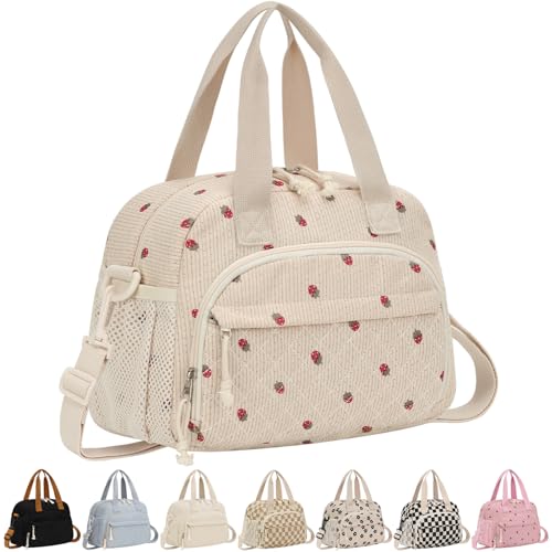 ELONGRIVER Corduroy Insulated Lunch Bag for Women Teen Girls, Portable Adult Lunch Box, Reusable Tote Cooler Bags, Lightweight Womens Lunch Bags with Front Pockets Work Picnic Travel, Beige Strawberry